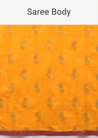 Sun Yellow Saree In Dola Silk With Brocade Floral Buttis And Red Bandhani Design On The Pallu Online - Kalki Fashion