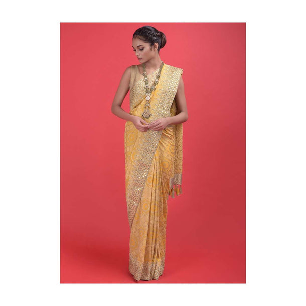 Sun Yellow Saree In Georgette With Weaved Checks And Floral Pattern And Gotta Patch Work Online - Kalki Fashion