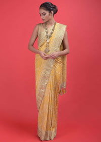 Sun Yellow Saree In Georgette With Weaved Checks And Floral Pattern And Gotta Patch Work Online - Kalki Fashion