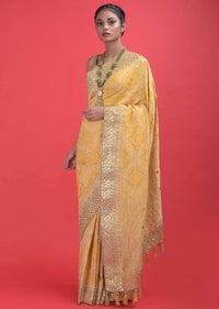 Sun Yellow Saree In Georgette With Weaved Checks And Floral Pattern And Gotta Patch Work Online - Kalki Fashion