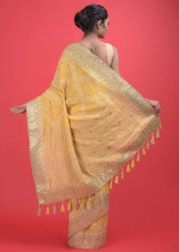 Sun Yellow Saree In Georgette With Weaved Checks And Floral Pattern And Gotta Patch Work Online - Kalki Fashion