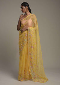 Sun Yellow Saree In Organza With 3D Organza Flowers And Unstitched Blouse Online - Kalki Fashion