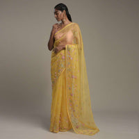 Sun Yellow Saree In Organza With 3D Organza Flowers And Unstitched Blouse Online - Kalki Fashion