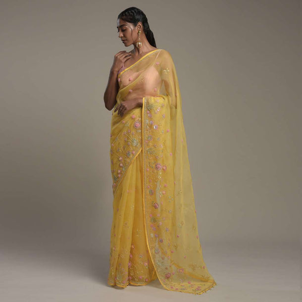 Sun Yellow Saree In Organza With 3D Organza Flowers And Unstitched Blouse Online - Kalki Fashion