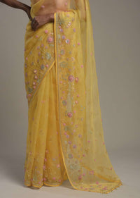 Sun Yellow Saree In Organza With 3D Organza Flowers And Unstitched Blouse Online - Kalki Fashion