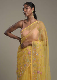 Sun Yellow Saree In Organza With 3D Organza Flowers And Unstitched Blouse Online - Kalki Fashion