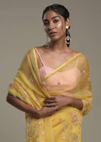 Sun Yellow Saree In Organza With 3D Organza Flowers And Unstitched Blouse Online - Kalki Fashion