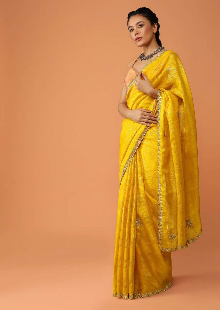 Sun Yellow Saree In Zari Kota Silk With Gotta Patti Embroidered Buttis And Border Design Online - Kalki Fashion