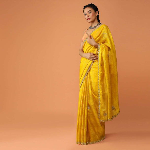 Sun Yellow Saree In Zari Kota Silk With Gotta Patti Embroidered Buttis And Border Design Online - Kalki Fashion