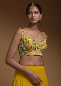 Sun Yellow Skirt, Crop Top And Jacket With 3D Flowers And Embossed Embroidery