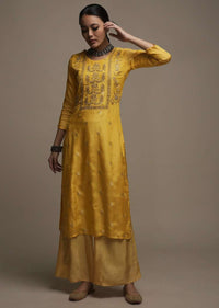 Daffodil Yellow Straight Cut Kurti With Brocade Woven Floral Buttis And Gotta Patti Embroidered Yoke Design Online - Kalki Fashion