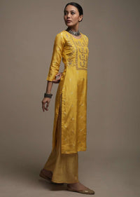 Daffodil Yellow Straight Cut Kurti With Brocade Woven Floral Buttis And Gotta Patti Embroidered Yoke Design Online - Kalki Fashion
