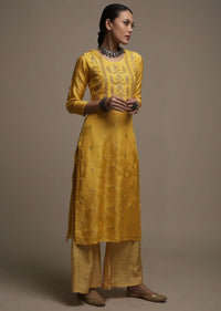 Daffodil Yellow Straight Cut Kurti With Brocade Woven Floral Buttis And Gotta Patti Embroidered Yoke Design Online - Kalki Fashion
