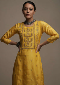 Daffodil Yellow Straight Cut Kurti With Brocade Woven Floral Buttis And Gotta Patti Embroidered Yoke Design Online - Kalki Fashion