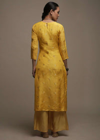 Daffodil Yellow Straight Cut Kurti With Brocade Woven Floral Buttis And Gotta Patti Embroidered Yoke Design Online - Kalki Fashion