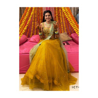 Sun Yellow Lehenga Choli Hand Embroidered With Floral Jaal Pattern Along With Apple Green Dupatta Online - Kalki Fashion