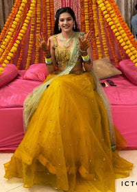 Sun Yellow Lehenga Choli Hand Embroidered With Floral Jaal Pattern Along With Apple Green Dupatta Online - Kalki Fashion