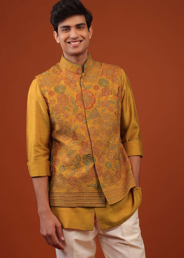 Mustard Yellow Floral Embroidered Bandi Jacket Set In Silk