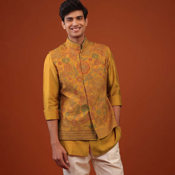 Mustard Yellow Floral Embroidered Bandi Jacket Set In Silk