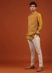 Mustard Yellow Floral Embroidered Bandi Jacket Set In Silk