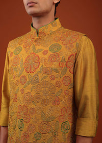 Mustard Yellow Floral Embroidered Bandi Jacket Set In Silk