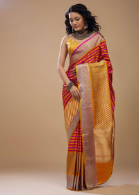 Marigold Yellow Printed Satin Saree with Red And Pink Stripes