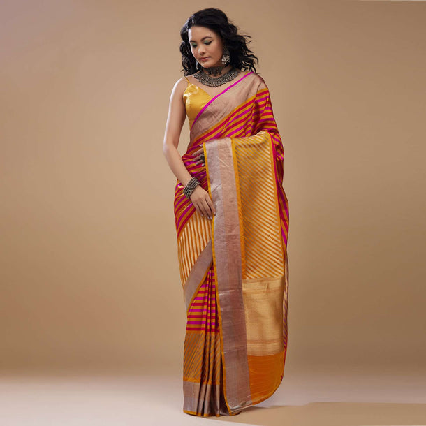 Marigold Yellow Printed Satin Saree with Red And Pink Stripes