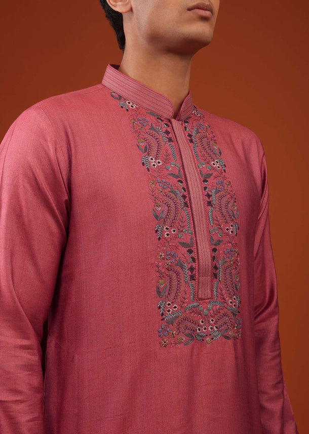 Fuchsia Pink Thread Woven Kurta Set In Cotton Silk