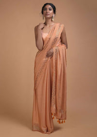 Sunset Peach Saree In Chiffon With Badla Buttis All Over Online - Kalki Fashion