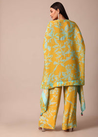 Sunshine Yellow Printed Palazzo and Jacket With Sky Blue Crop Top