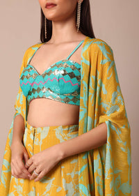 Sunshine Yellow Printed Palazzo and Jacket With Sky Blue Crop Top
