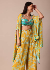 Sunshine Yellow Printed Palazzo and Jacket With Sky Blue Crop Top