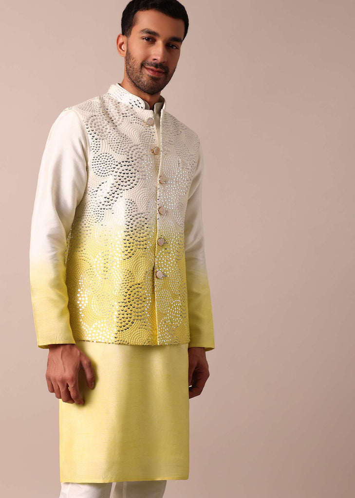 Sunshine Yellow Ombre Silk Jacket Kurta Set For Men