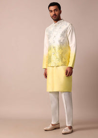 Sunshine Yellow Ombre Silk Jacket Kurta Set For Men