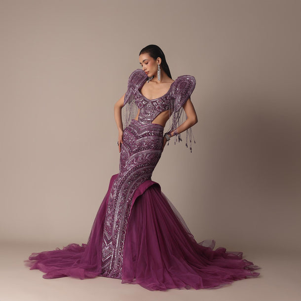 Deep Purple Organza Fishcut Gown With 3D Tassel Sleeves