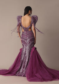 Deep Purple Organza Fishcut Gown With 3D Tassel Sleeves