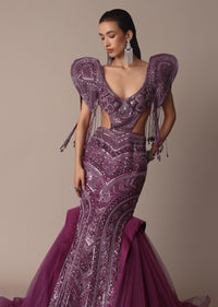 Deep Purple Organza Fishcut Gown With 3D Tassel Sleeves