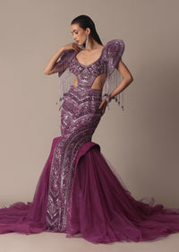 Deep Purple Organza Fishcut Gown With 3D Tassel Sleeves