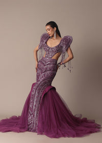 Deep Purple Organza Fishcut Gown With 3D Tassel Sleeves