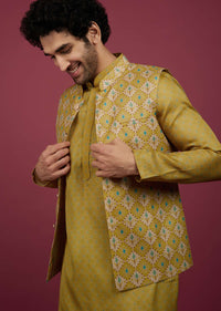 Pista Yellow Silk Printed Kurta Set With Bandi Jacket