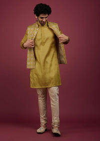 Pista Yellow Silk Printed Kurta Set With Bandi Jacket