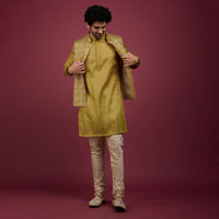 Pista Yellow Silk Printed Kurta Set With Bandi Jacket