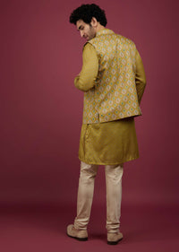 Pista Yellow Silk Printed Kurta Set With Bandi Jacket