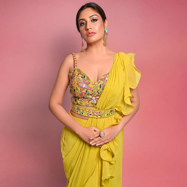 Surbhi Chandna In Kalki Citrus Ready Pleated Ruffle Saree With Multi-Color Floral Hand Embroidered Blouse