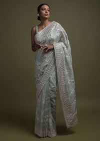 Surf Green Saree In Organza With Hand Embroidered Chikan Kari And Gotta Work Online - Kalki Fashion