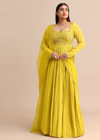 Sweetheart Neck Embroidered Crepe Yellow Anarkali Suit