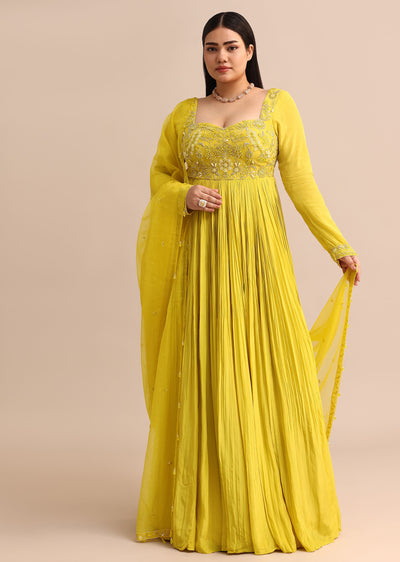 Sweetheart Neck Embroidered Crepe Yellow Anarkali Suit