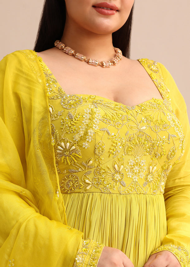 Sweetheart Neck Embroidered Crepe Yellow Anarkali Suit
