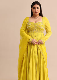 Sweetheart Neck Embroidered Crepe Yellow Anarkali Suit
