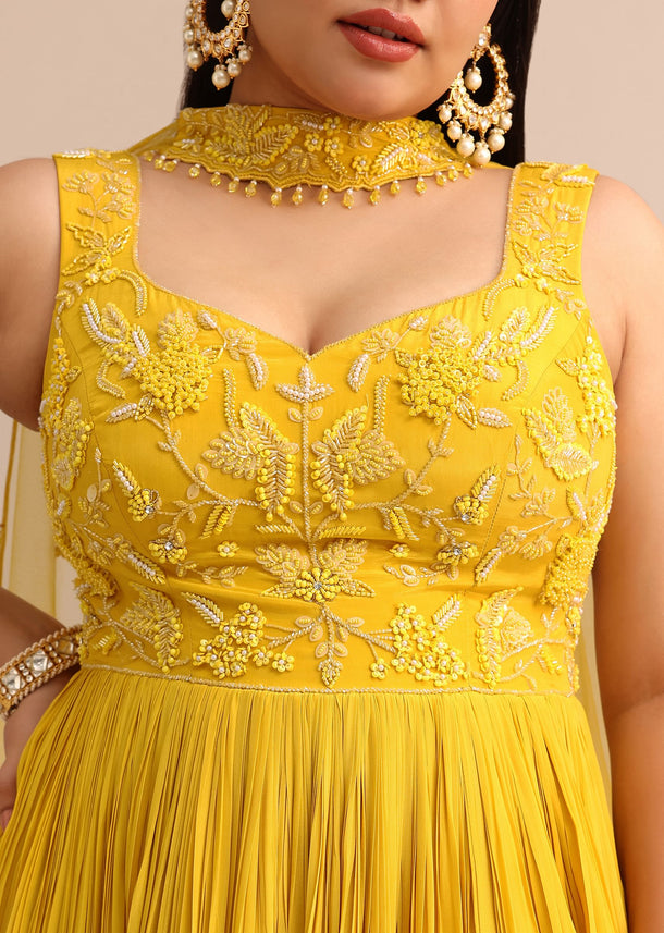 Sweetheart Neck Yellow Embroidered Anarkali Suit With Choker Dupatta